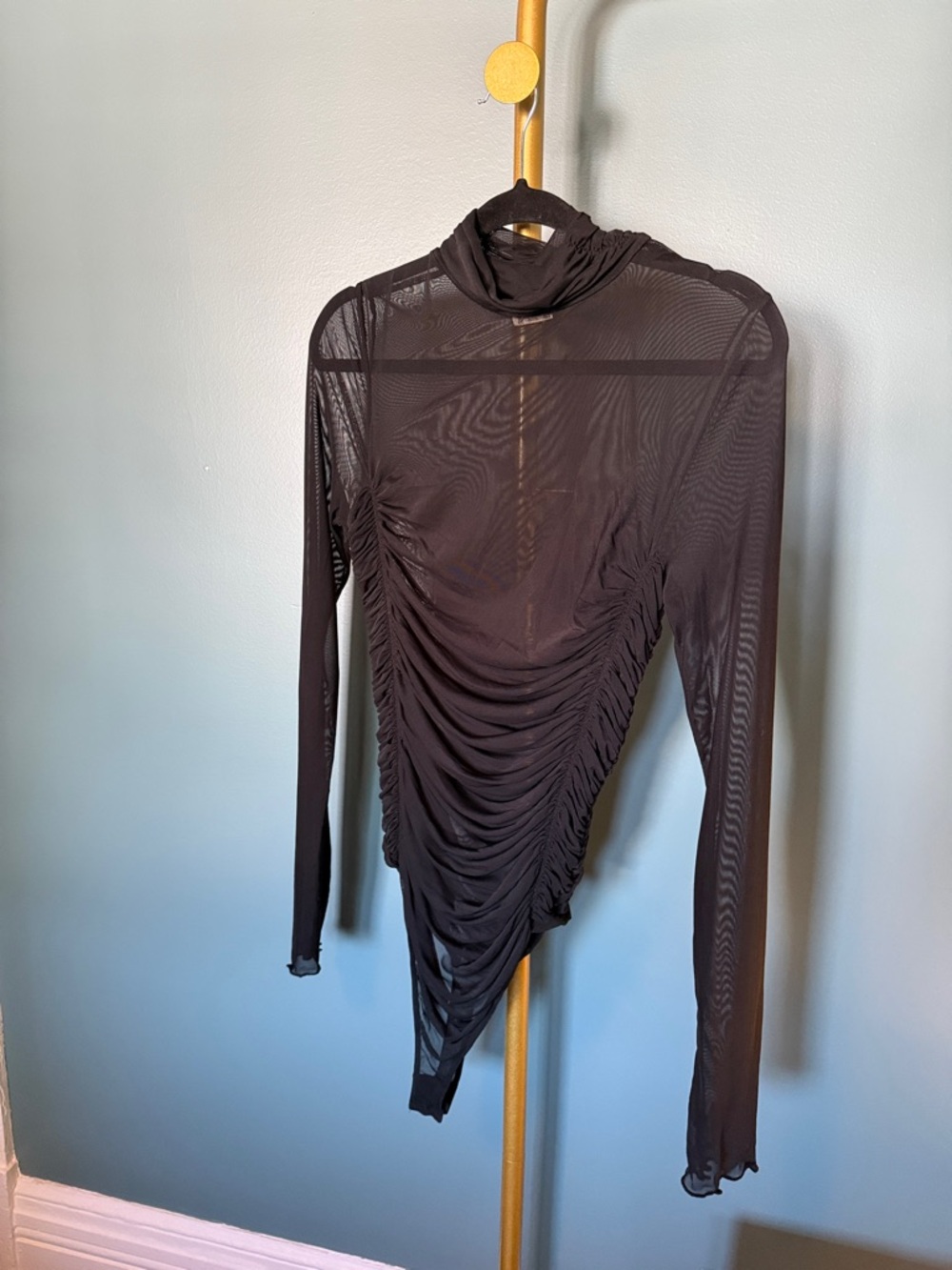 Free People Black Ruched Mesh Long-Sleeve Body Suit